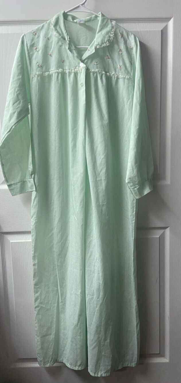 Katz Vintage Nightgown Womens Medium Green Embroidered Lace Trimmed Long VTG